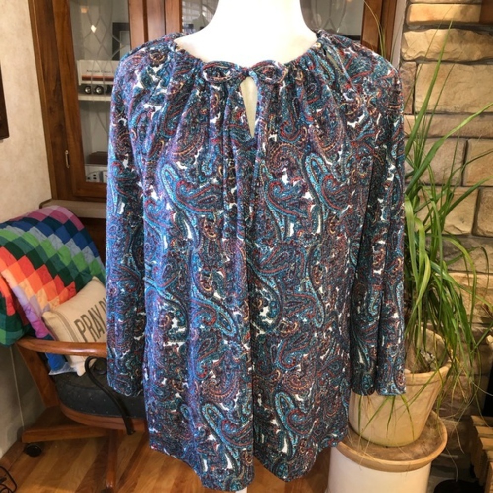 MICHAEL MICHAEL KORS SIZE LARGE MULTICOLORED TURQUOISE BLUE LONG BELL SLEEVE TOP